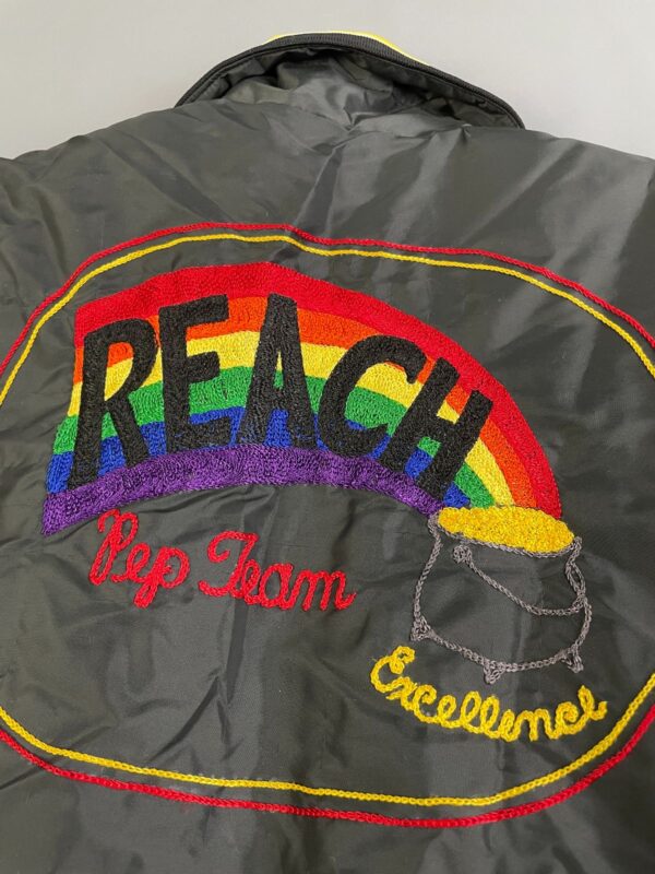 REACH FOR EXCELLENCE RAINBOW CHAIN STITCH SATIN BUTTON UP JACKET