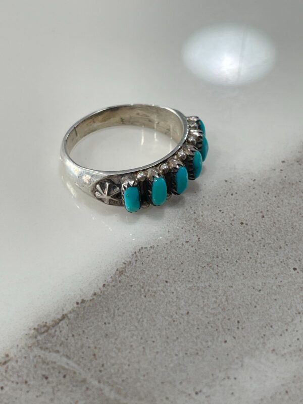 TURQUOISE & 925 STERLING SILVER MULTI STONE BAND RING STAMPED STAR DESIGN