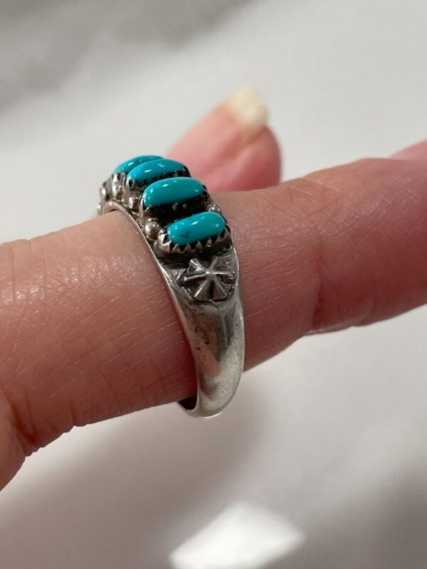 TURQUOISE & 925 STERLING SILVER MULTI STONE BAND RING STAMPED STAR DESIGN