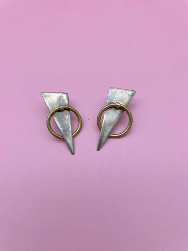 *SIGNED 1980S 925 & BRASS TRIANGLE & HOOP MODERNIST POST EARRINGS *TAXCO