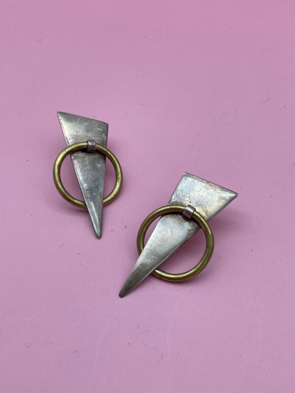 *SIGNED 1980S 925 & BRASS TRIANGLE & HOOP MODERNIST POST EARRINGS *TAXCO