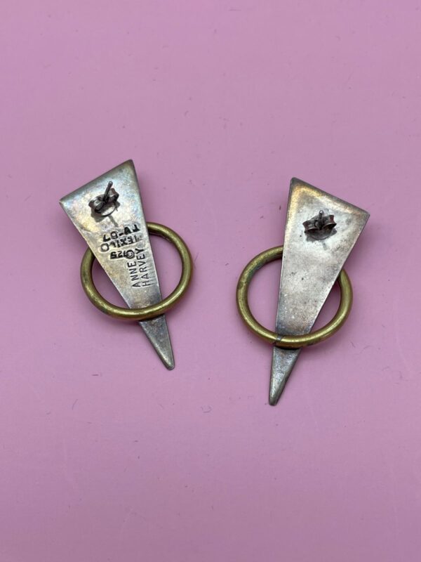 *SIGNED 1980S 925 & BRASS TRIANGLE & HOOP MODERNIST POST EARRINGS *TAXCO