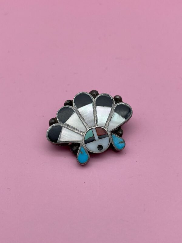 925 ZUNI SUNFACE TURQUOISE, MOTHER OF PEARL, ONYX INLAY STERLING SILVER BROOCH PIN