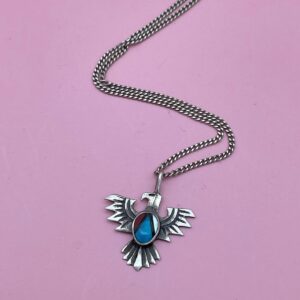 Photo detail:925 THUNDERBIRD PENDANT NECKLACE TURQUOISE & CORAL INLAY THIN CHAIN