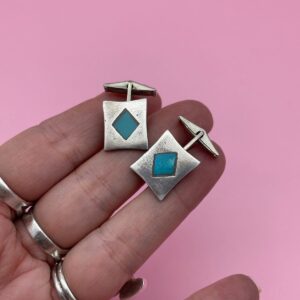 Photo detail:925 STERLING SILVER TURQUOISE DIAMOND SHAPED INLAY CUFFLINKS