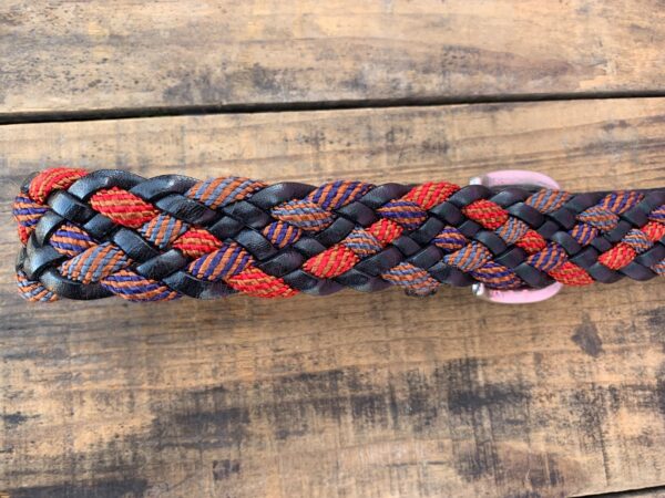 COLORFUL BRAIDED LEATHER & ROPE BELT SILVER METAL TIP, SILVER PLATED BRASS BUCKLE