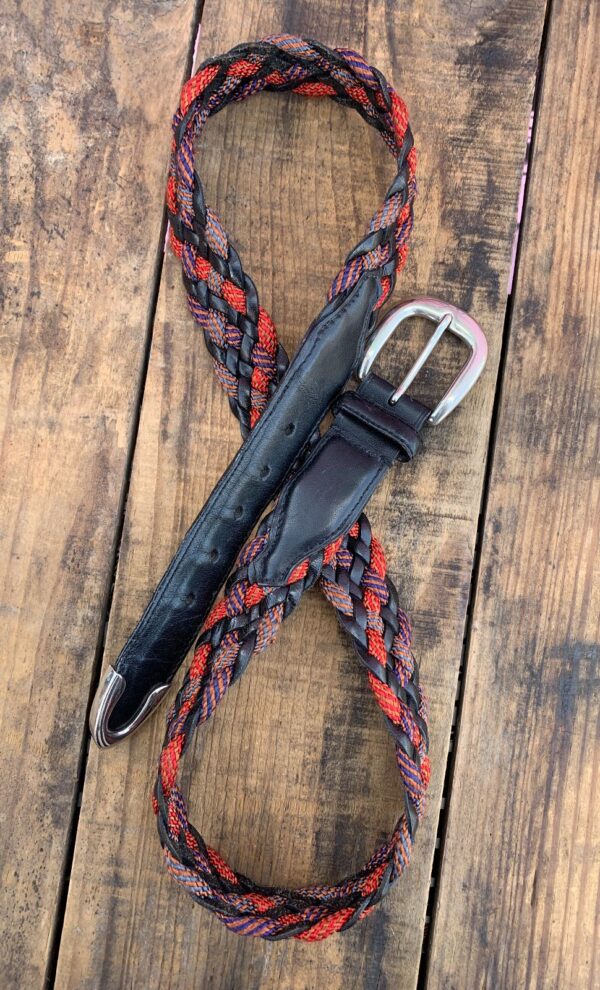 COLORFUL BRAIDED LEATHER & ROPE BELT SILVER METAL TIP, SILVER PLATED BRASS BUCKLE