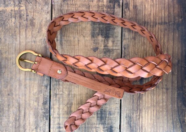 BRAIDED BROWN LEATHER BELT HEAVY BRASS OMEGA BUCKLE