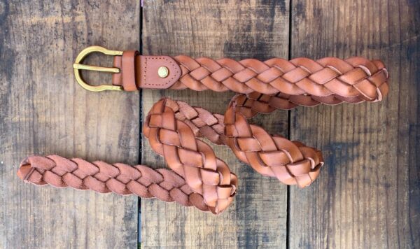 BRAIDED BROWN LEATHER BELT HEAVY BRASS OMEGA BUCKLE