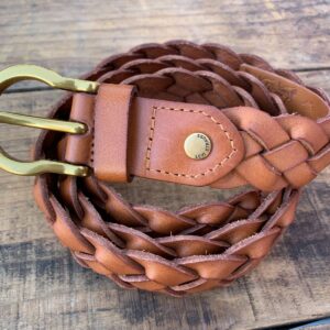 Photo detail:BRAIDED BROWN LEATHER BELT HEAVY BRASS OMEGA BUCKLE