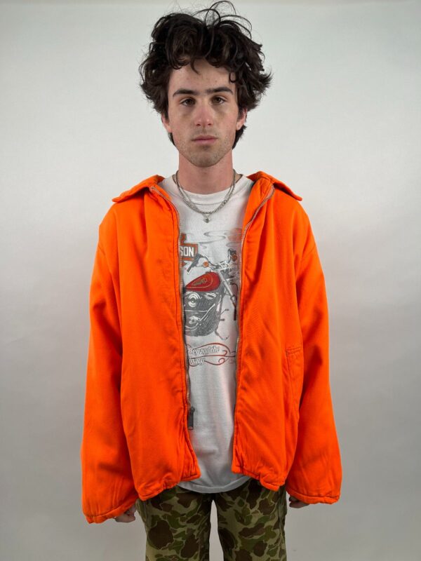 *AS-IS* 1970S BRIGHT NEON ORANGE QUILT LINED ZIP UP JACKET