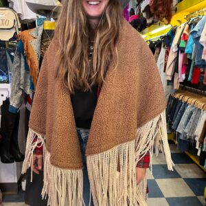 Photo detail:FUNKY HANDMADE VELOUR & SHERPA LINED HEAVY PONCHO FRINGE HEM