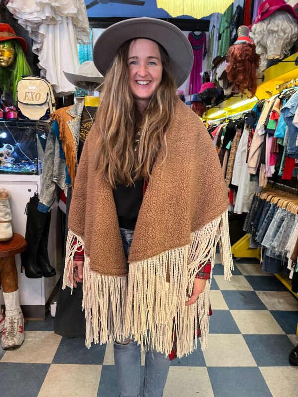 FUNKY HANDMADE VELOUR & SHERPA LINED HEAVY PONCHO FRINGE HEM