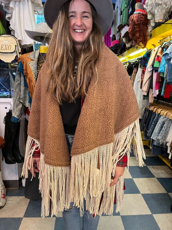 FUNKY HANDMADE VELOUR & SHERPA LINED HEAVY PONCHO FRINGE HEM