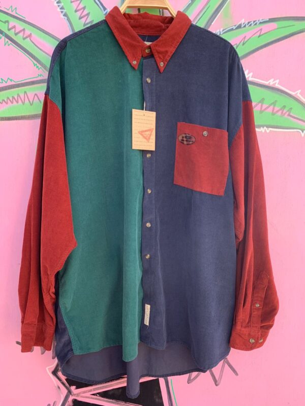 NWT DEADSTOCK 1990S MADE IN HONG KONG COLORBLOCK CORDUROY LONG SLEEVE BUTTON DOWN SHIRT