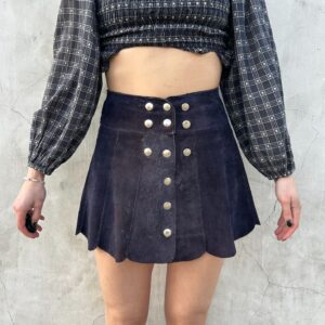 Photo detail:AMAZING!!!! 1960S BLUE SUEDE TULIP HEM MINI SKIRT FULL BUTTON SNAP BUTTON FRONT