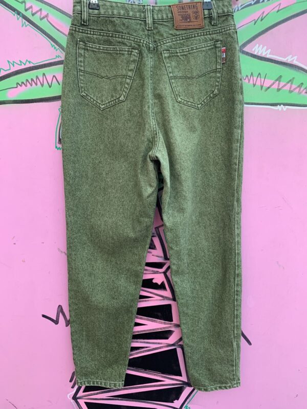 1980S-90S JAPANESE SAGE GREEN HIGH WAIST TAPERED DENIM JEANS RIBBON INTERIOR, TALON ZIPPER