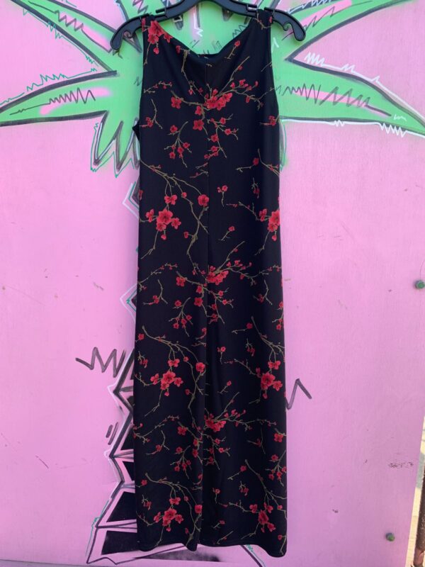 1990S DARK CHERRY BLOSSOM PRINT SLEEVELESS MAXI DRESS