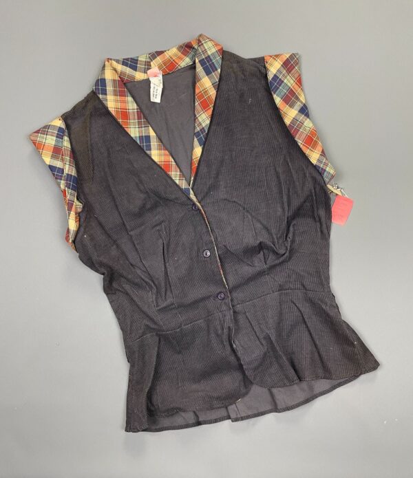 *DEADSTOCK* 1970S CORDUROY PEPLUM TOP PLAID COLLAR & CUFFS