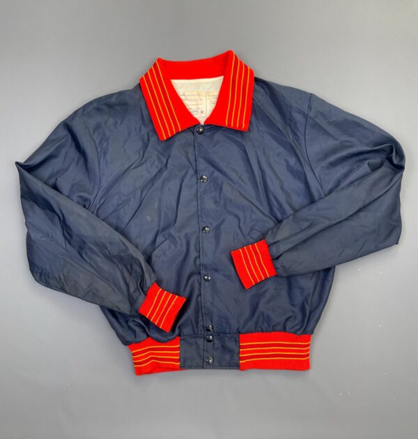 FUN! 1970S CADENASSO WINERY CRUSHERS BOMBER JACKET BRIGHT STRIPED CUFFS & COLLAR