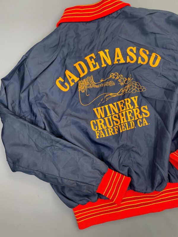 FUN! 1970S CADENASSO WINERY CRUSHERS BOMBER JACKET BRIGHT STRIPED CUFFS & COLLAR