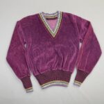 ADORABLE! 1970S VELVET V-NECK SWEATER TOP METALLIC STRIPED CUFFS & COLLAR