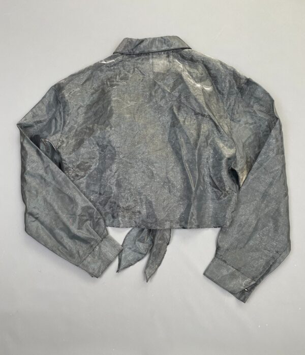 CUTE! 1990S SHEER METALLIC ORGANZA CROPPED BLOUSE RUFFLED FRONT SILVER BUTTONS