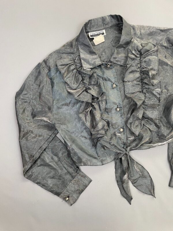 CUTE! 1990S SHEER METALLIC ORGANZA CROPPED BLOUSE RUFFLED FRONT SILVER BUTTONS