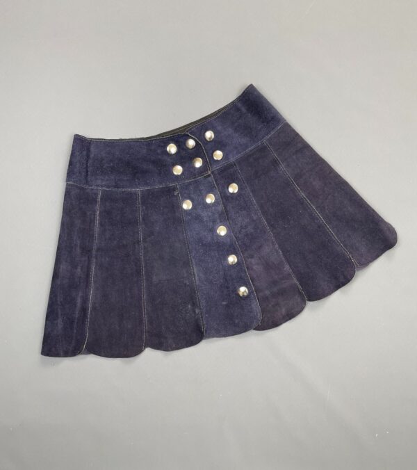 AMAZING!!!! 1960S BLUE SUEDE TULIP HEM MINI SKIRT FULL BUTTON SNAP BUTTON FRONT