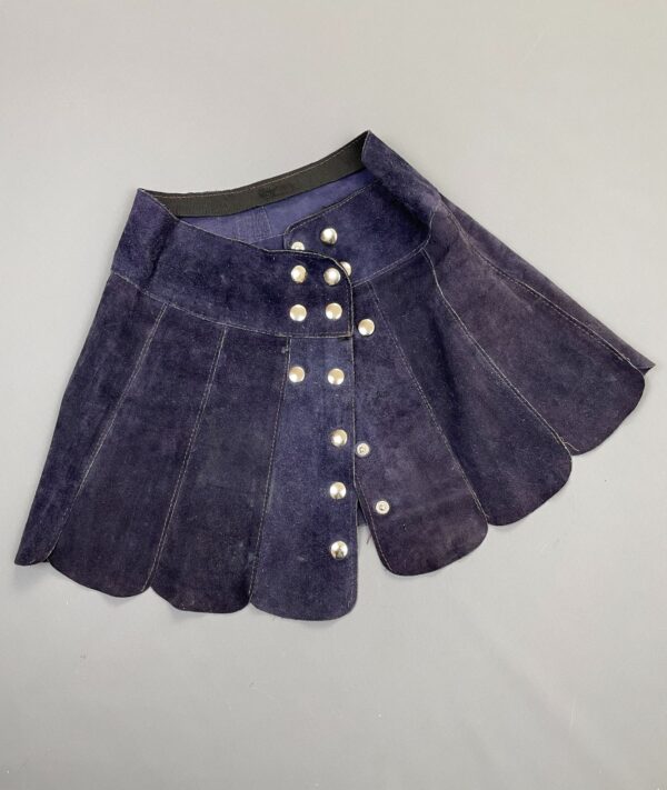 AMAZING!!!! 1960S BLUE SUEDE TULIP HEM MINI SKIRT FULL BUTTON SNAP BUTTON FRONT