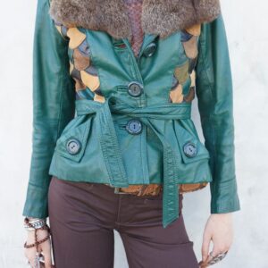 Photo detail:UNREAL! 1960S-70S GREEN LEATHER FISH SCALE JACKET FUR COLLAR