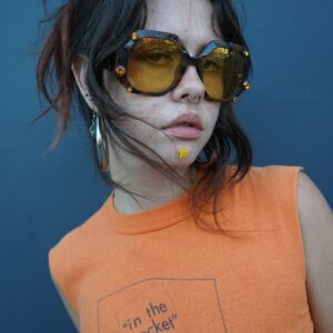 Photo detail:OVERSIZED OCTAGON SHAPE YELLOW LENSE SUNGLASSES RHINESTONE DETAILS