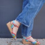 AMAZING! 1970S RAINBOW MUTLICOLORED STRAPPY CORK WEDGE SANDALS