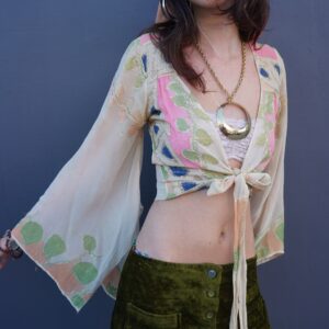 Photo detail:UNREAL! 1970S SHEER HAND PAINTED SILK BELL SLEEVE WRAP TOP LUREX ACCENTS