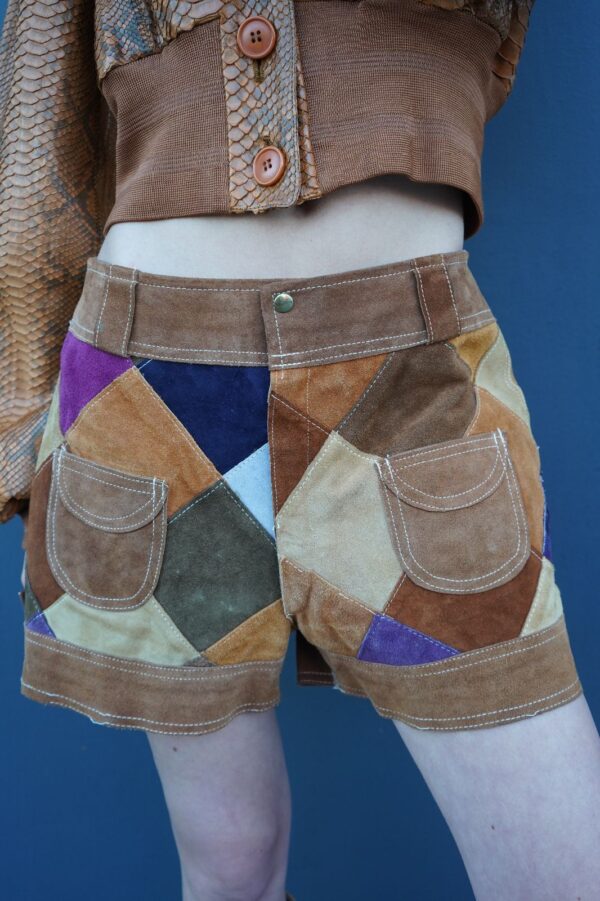 SO RAD!!!!!! 1970S SUEDE PATCHWORK SHORTS DOUBLE FRONT WELT POCKETS - MADE IN CANADA