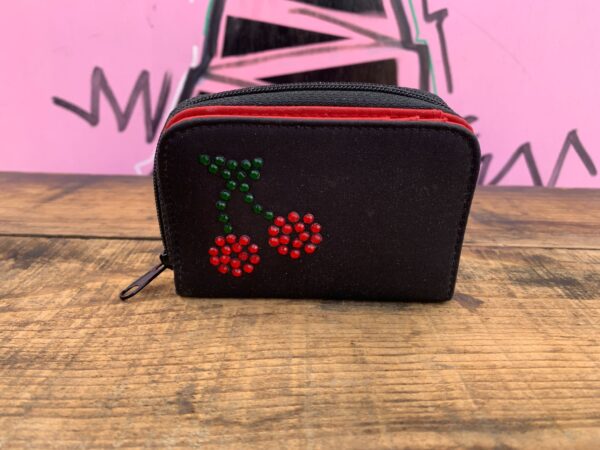 CUTE! Y2K CHERRY RHINESTONE NYLON ZIPPER KEYCHAIN WALLET