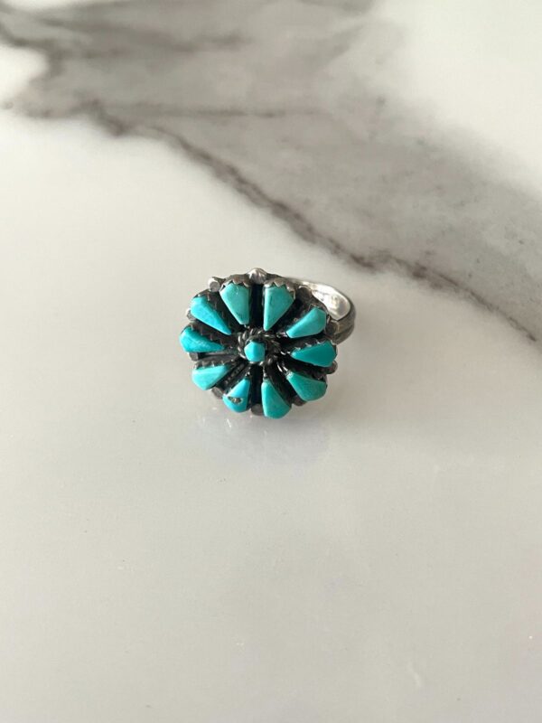 925 TURQUOISE INLAY FLOWER DESIGN RING - STERLING SILVER