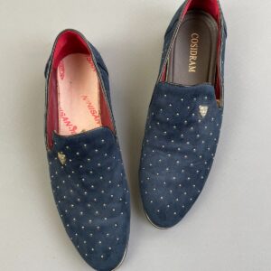 Photo detail:*AS-IS* RAD! BLUE SUEDE STUDDED MENS SLIP-ON LOAFERS JAGUAR EMBLEM