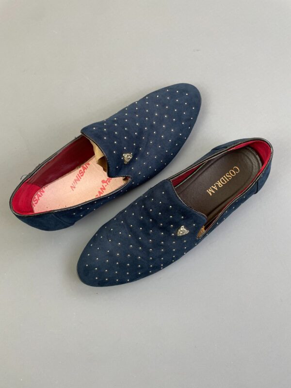 *AS-IS* RAD! BLUE SUEDE STUDDED MENS SLIP-ON LOAFERS JAGUAR EMBLEM