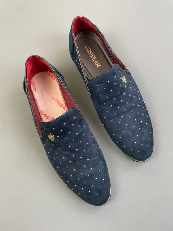 *AS-IS* RAD! BLUE SUEDE STUDDED MENS SLIP-ON LOAFERS JAGUAR EMBLEM