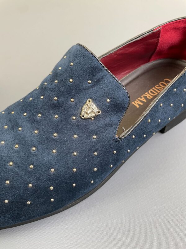 *AS-IS* RAD! BLUE SUEDE STUDDED MENS SLIP-ON LOAFERS JAGUAR EMBLEM