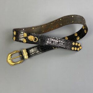 Photo detail:WOW! 1980S-90S CROC EMBOSSED BLACK LEATHER BELT GOLD LIONS HEAD STUDS & DOOR KNOCKER DETAILS