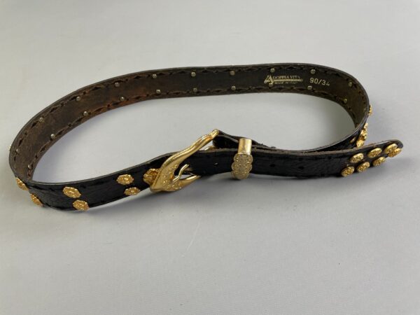 WOW! 1980S-90S CROC EMBOSSED BLACK LEATHER BELT GOLD LIONS HEAD STUDS & DOOR KNOCKER DETAILS