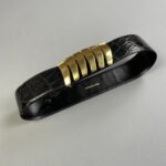 GORGEOUS! 1980S-90S WIDE EMBOSSED CROC LEATHER BELT OVERSIZED POLISHED GOLD COMB TEETH BUCKLE- MADE IN ITALY