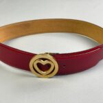 SO CUTE! HIGH POLISHED CHERRY RED LEATHER BELT GOLD HEART BUCKLE- MADE IN ITALY