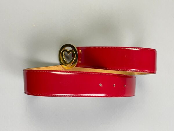 SO CUTE! HIGH POLISHED CHERRY RED LEATHER BELT GOLD HEART BUCKLE- MADE IN ITALY