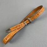 SOFT NARROW TOOLED LEATHER WESTERN BELT ENGRAVED SILVER TIP, BUCKLE & LOOPS