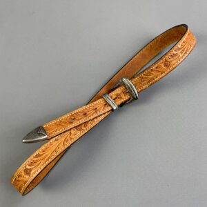 Photo detail:SOFT NARROW TOOLED LEATHER WESTERN BELT ENGRAVED SILVER TIP, BUCKLE & LOOPS