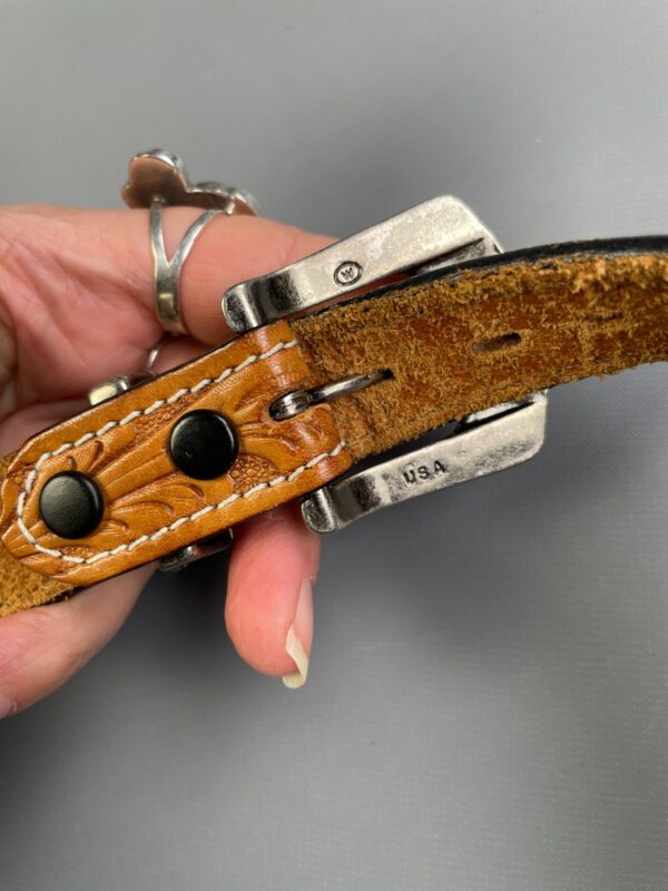 SOFT NARROW TOOLED LEATHER WESTERN BELT ENGRAVED SILVER TIP, BUCKLE & LOOPS