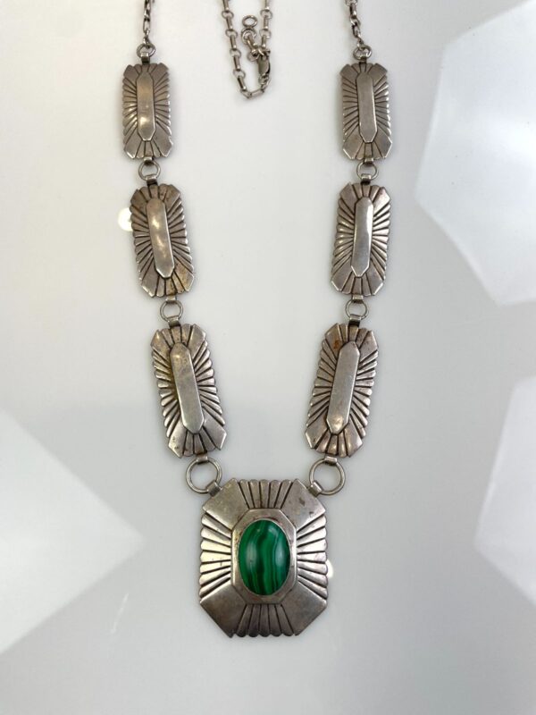 WOW! STUNNING 925 STERLING SILVER MALACHITE CONCHO NECKLACE, SIGNED L